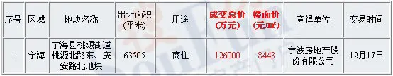 宁波房地产股份豪取宁海桃源街道地块溢价达110%