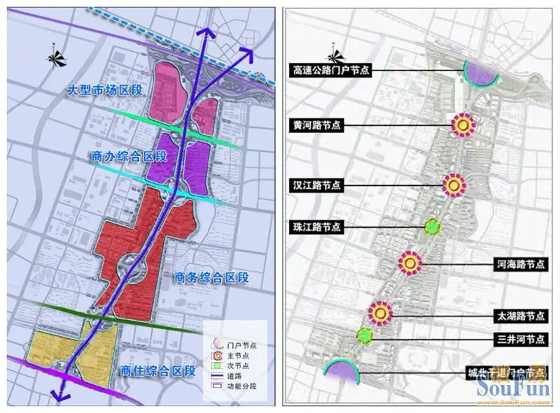 沪宁高速公路至黄河路段,重点发展汽车,家具,商业大卖场,规划形成大型
