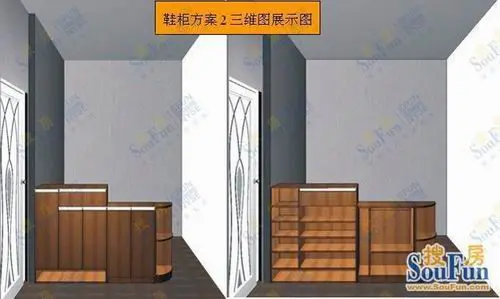 2,开放式厨房设计,入户鞋柜同样放置在进门左手边,高度齐腰位置即可