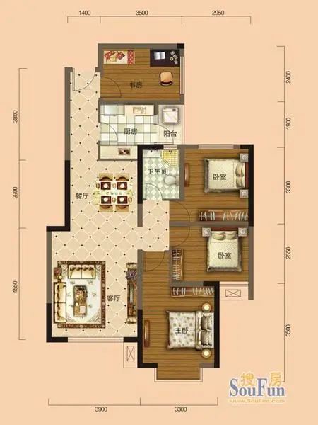 9#楼 c1户型 四室两厅一卫 建筑面积约95.31㎡