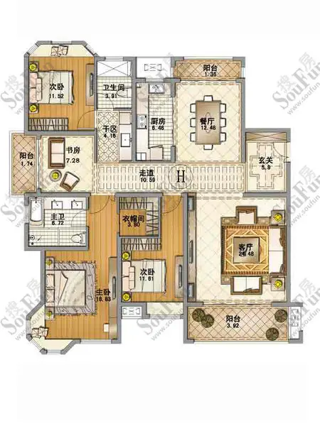 宜华城香榭丽舍 h户型 4室2厅2卫 建筑面积:173平方米宜华城