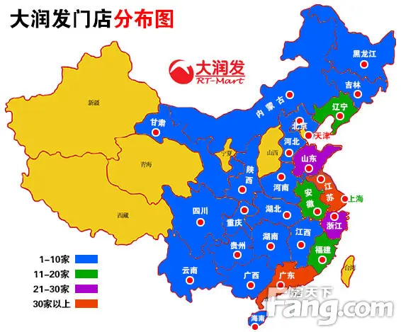 大润发门店分布图 截至2014年7月底上海16家,江苏61家,浙江24家,安徽