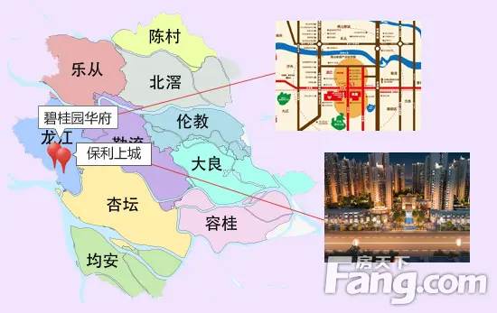 顺德区龙江镇,高明区荷城街道/杨和镇
