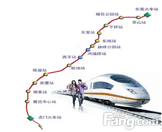 线路起于东莞北部,于东莞火车站接驳换乘,实现与广州,深圳间的联系