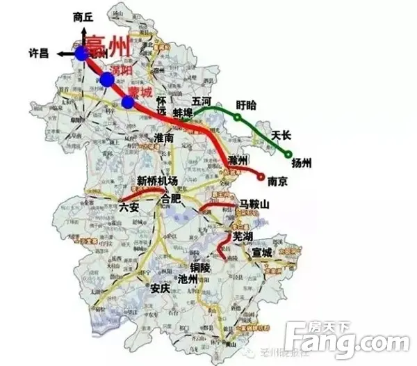 亳州至蚌埠城际铁路起于商合杭铁路亳州南站,经涡阳,蒙城,怀远,经徐
