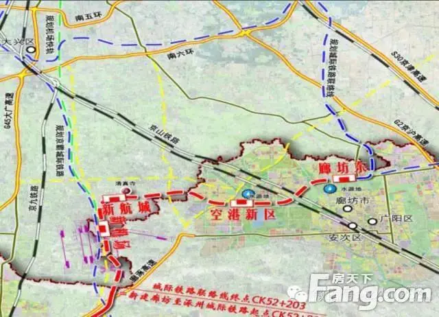 自京冀省界起南行至廊坊市北环路以北折向西,在银河北路以西新设廊坊