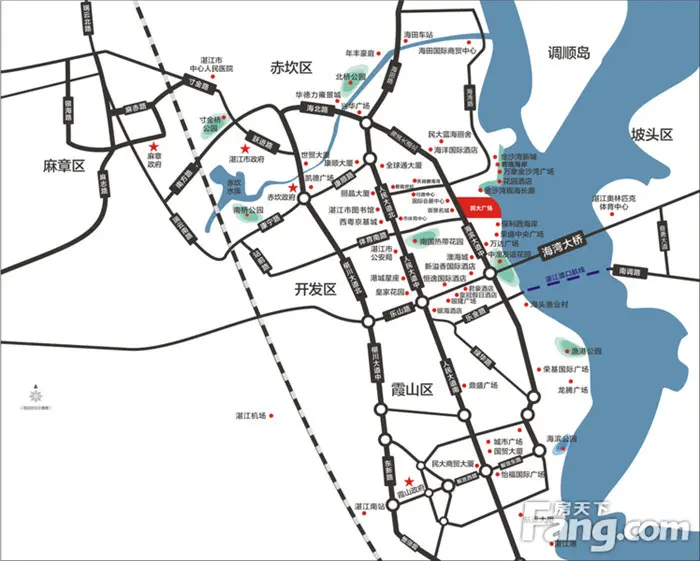 傲立城市大动脉——海滨大道,广州湾大道,西靠海光路,北接海丰路,毗邻