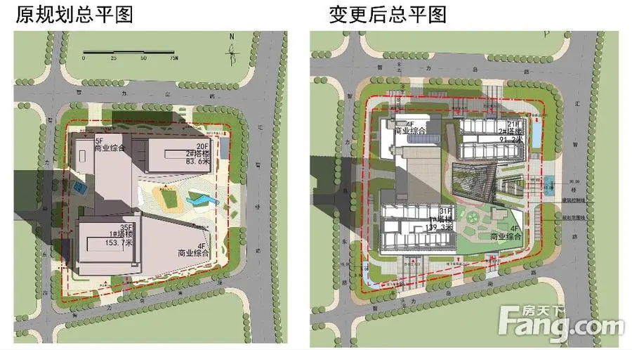 东部广场增加商业裙房连廊 2,裙房及塔楼平面布局重新设计,建筑轮廓