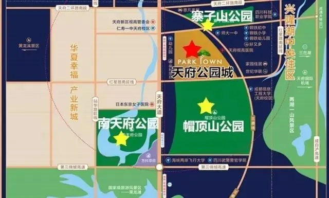 即被视高区域内帽顶山公园,寨子山公园,南天府公园三大公园环绕