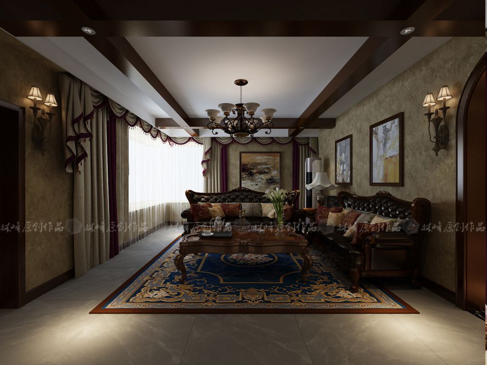 客厅选用深色家具突出精致细腻,优雅尊贵的气质,与石材地砖结合,整体