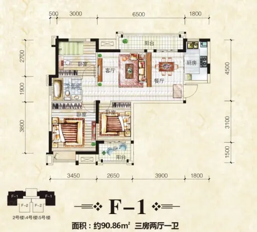 中国铁建梧桐苑户型图f1户型3室2厅1卫1厨