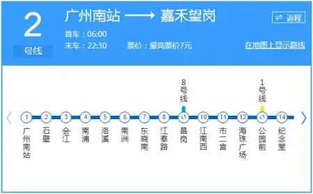 详解广州地铁2号线线路图 从广州南站玩到白云山