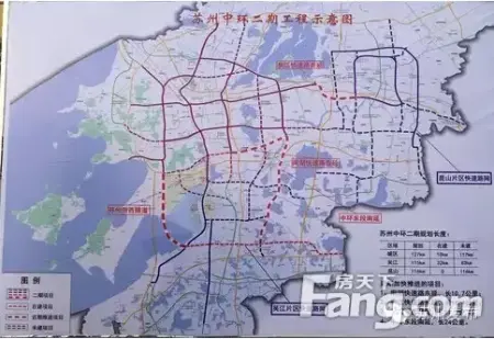 红色虚线为苏州中环快速路二期工程部分