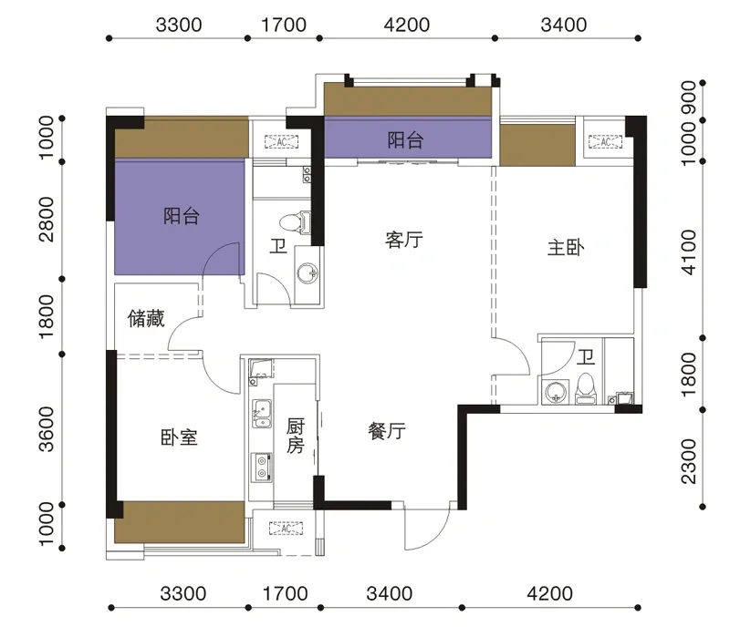 正恒国际广场10#楼a座03户型2室2厅2卫1厨114.