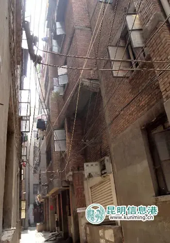 席子营村内的"一线天"小巷,巷道狭窄,头顶不到3米的高度全是电线网