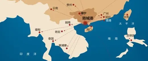 防城港到越南海防港151公里,胡志明港800公里,到新加坡1338多海里,到