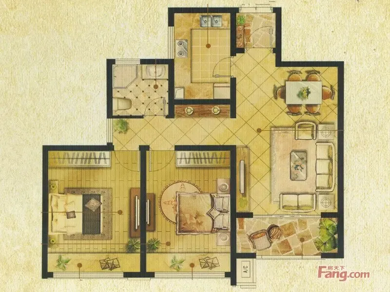 香颂溪岸g-a户型2室2厅1卫1厨 92.00㎡