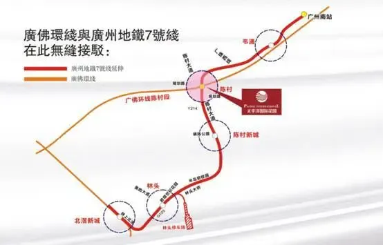 广州地铁7号线延长线陈村站和广佛环线陈村站在太平洋广场交接,实现