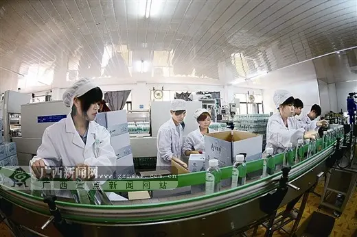 昭平县一家矿泉水生产企业，工人在流水线上工作