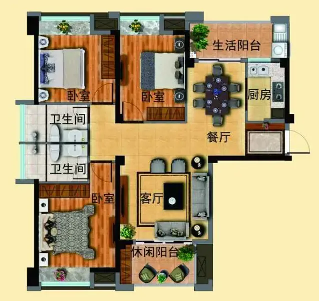 b户型 建筑面积约:118㎡ 三室二厅二卫二阳台