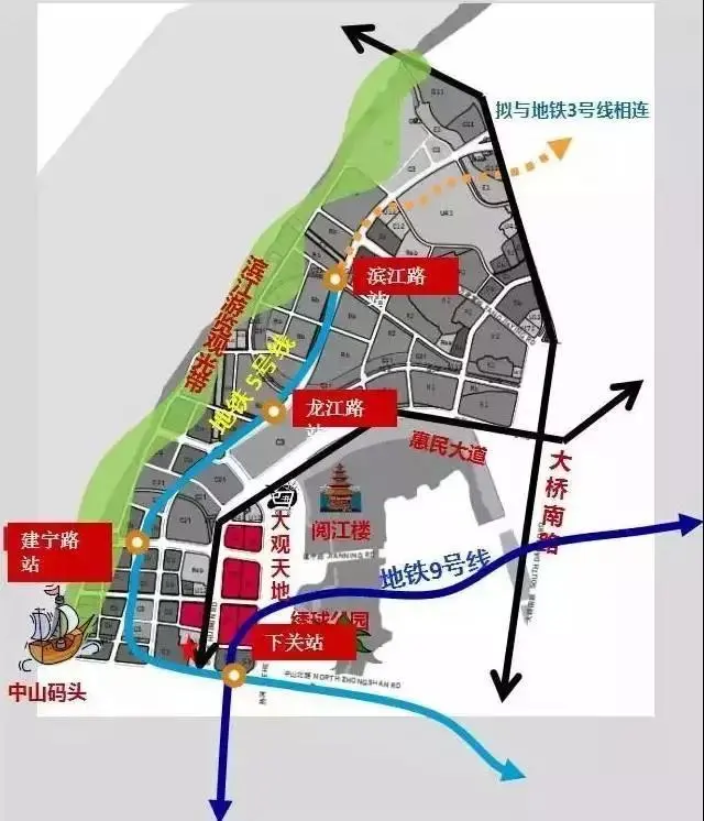 多线交通 通达全城 按照规划,鼓楼滨江未来将拥有2条地铁,1条轻轨.