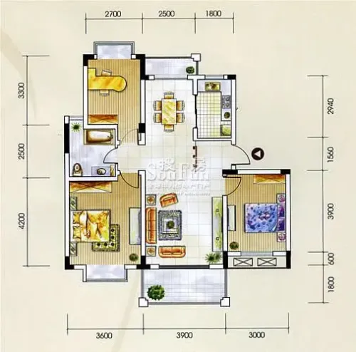新华阳光国际户型图多层b户型三室两厅一卫3室2厅1卫1厨