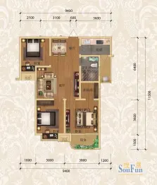 西湖春天3室2厅1厨2卫建面94.36㎡