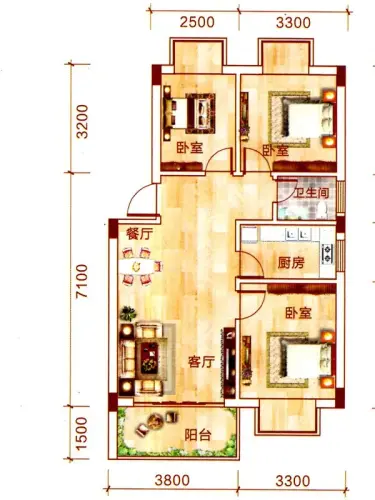 碧海蓝天户型图二期1#楼E1户型3室2厅1卫1厨