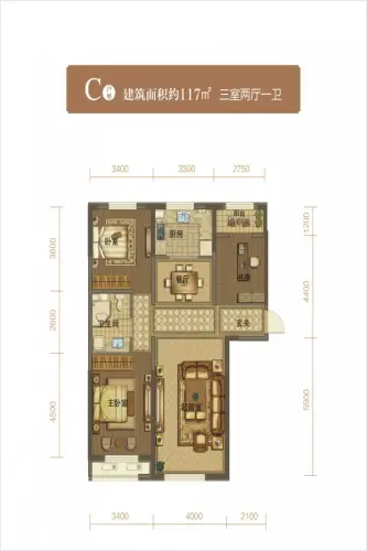 中天博朗天御户型图C户型三室两厅117平方米3室2厅1卫1厨