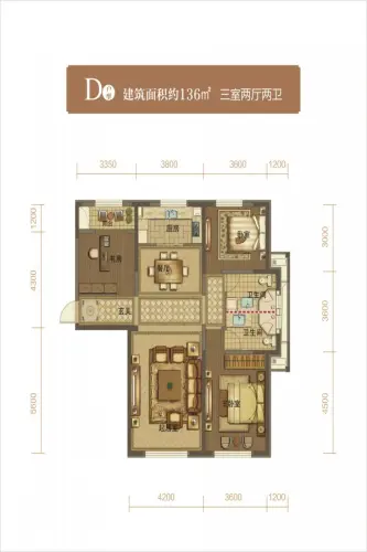中天博朗天御户型图D户型三室两厅两卫136平方米3室2厅2卫1厨