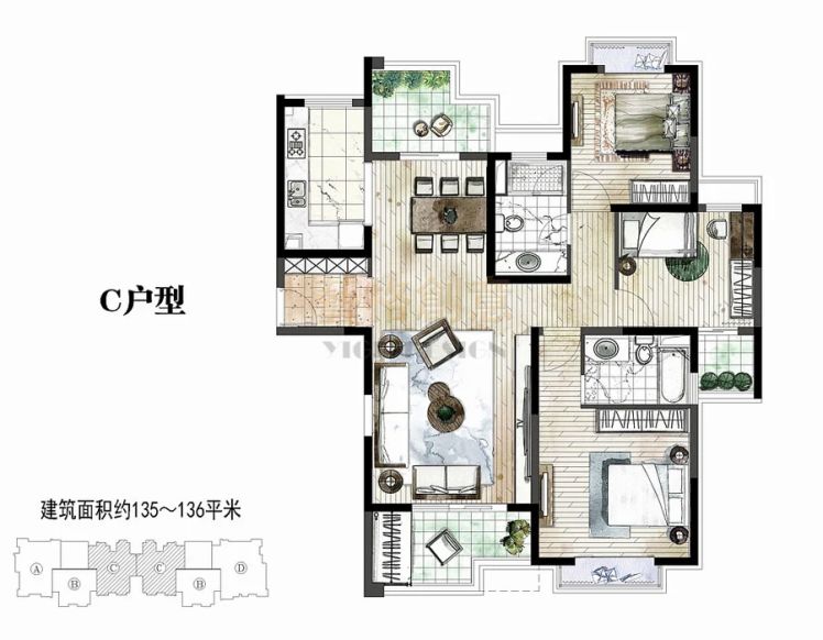 上海苏河融景3室2厅2卫1厨136.00㎡户型图-上海房天下