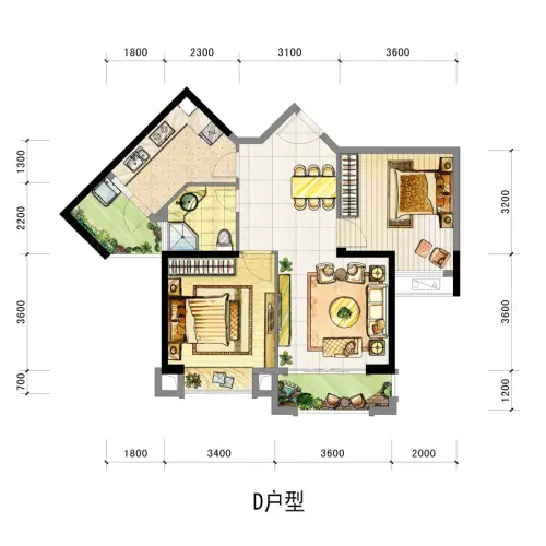 美裕蓝山墅户型图高层D户型2室2厅1卫1厨