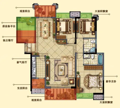 晋江万达广场户型图12#楼D-3户型140㎡4室2厅2卫1厨